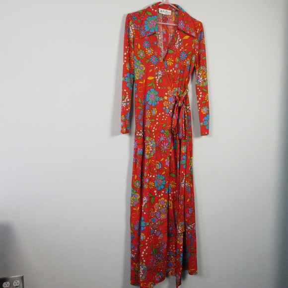 Mollie Parnis At Home Wrap Maxi Dress Day True Vintage Red Floral 70s Retro 612 - Picture 1 of 11